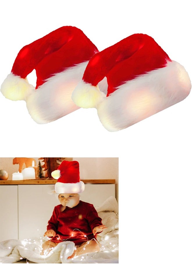 Santa Hats Christmas Hats for Adults Kids 2PCS Soft Thicken Classic Santa Hat LED Light for Xmas New Year Party