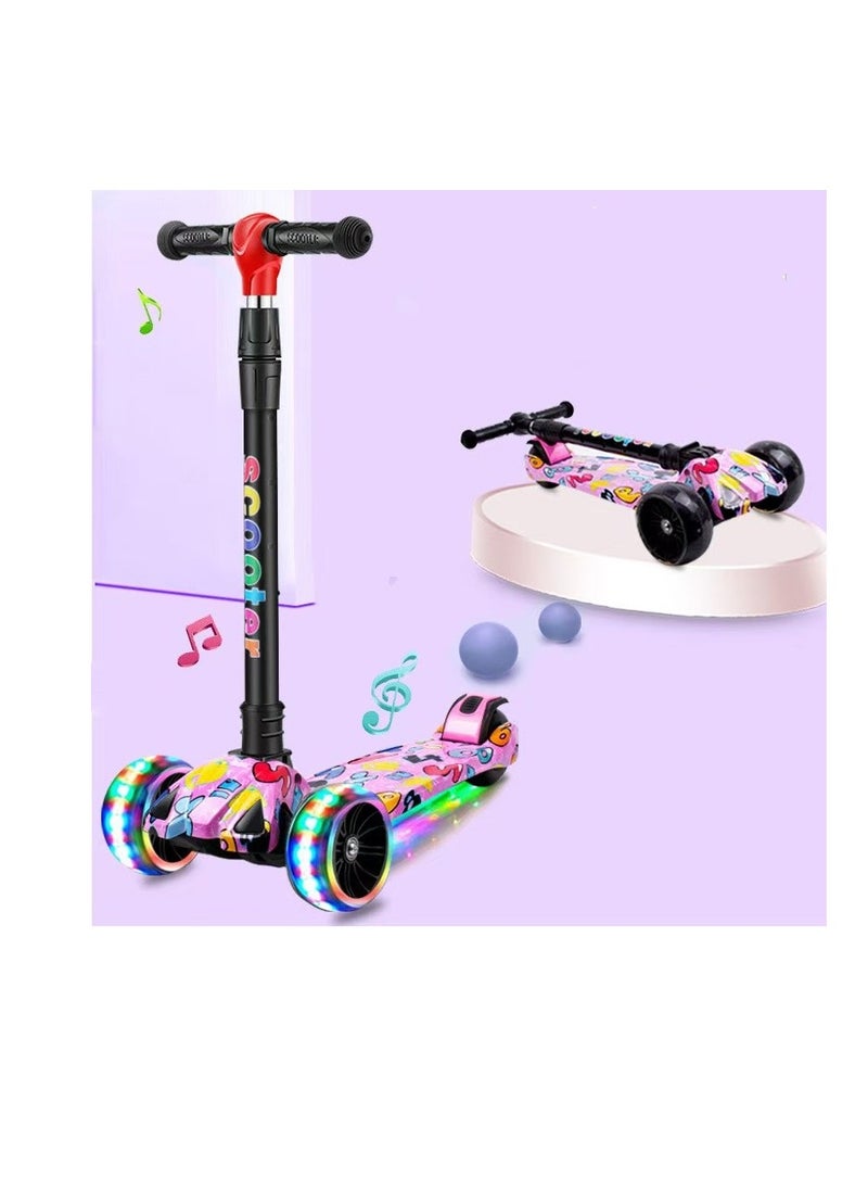 kids scooter three-wheeled scooter foldable and adjustable height graffiti pattern with LED light-up wheels with music, suitable for children aged 2-6