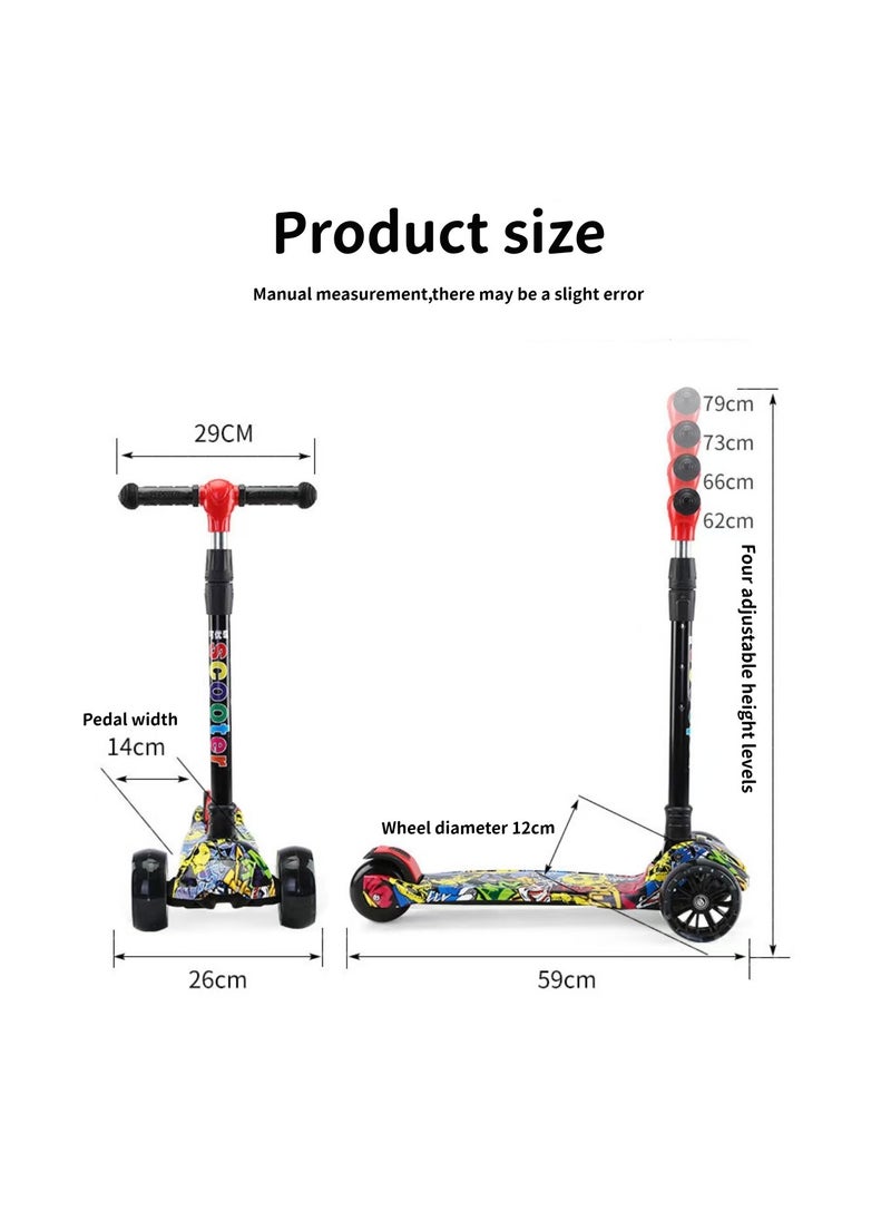 kids scooter three-wheeled scooter foldable and adjustable height graffiti pattern with LED light-up wheels with music, suitable for children aged 2-6