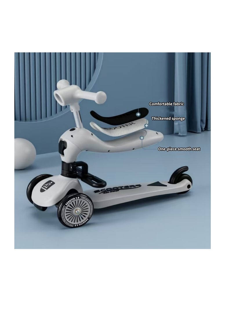 kids three-wheel scooter with music and luminous LED wheels, three adjustable heights, tilt steering, extra-wide deck, luminous wheels, multifunctional children's scooter that can be sat on and slid, suitable for toddler boys and girls, suitable for children aged 2-6 years old