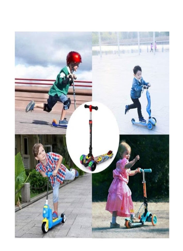 kids scooter three-wheeled scooter foldable and adjustable height graffiti pattern with LED light-up wheels with music, suitable for children aged 2-6