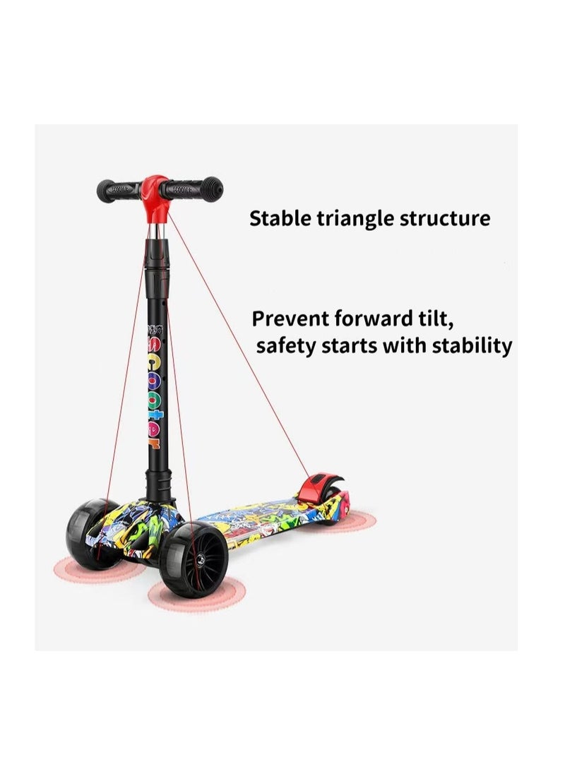 kids scooter three-wheeled scooter foldable and adjustable height graffiti pattern with LED light-up wheels with music, suitable for children aged 2-6