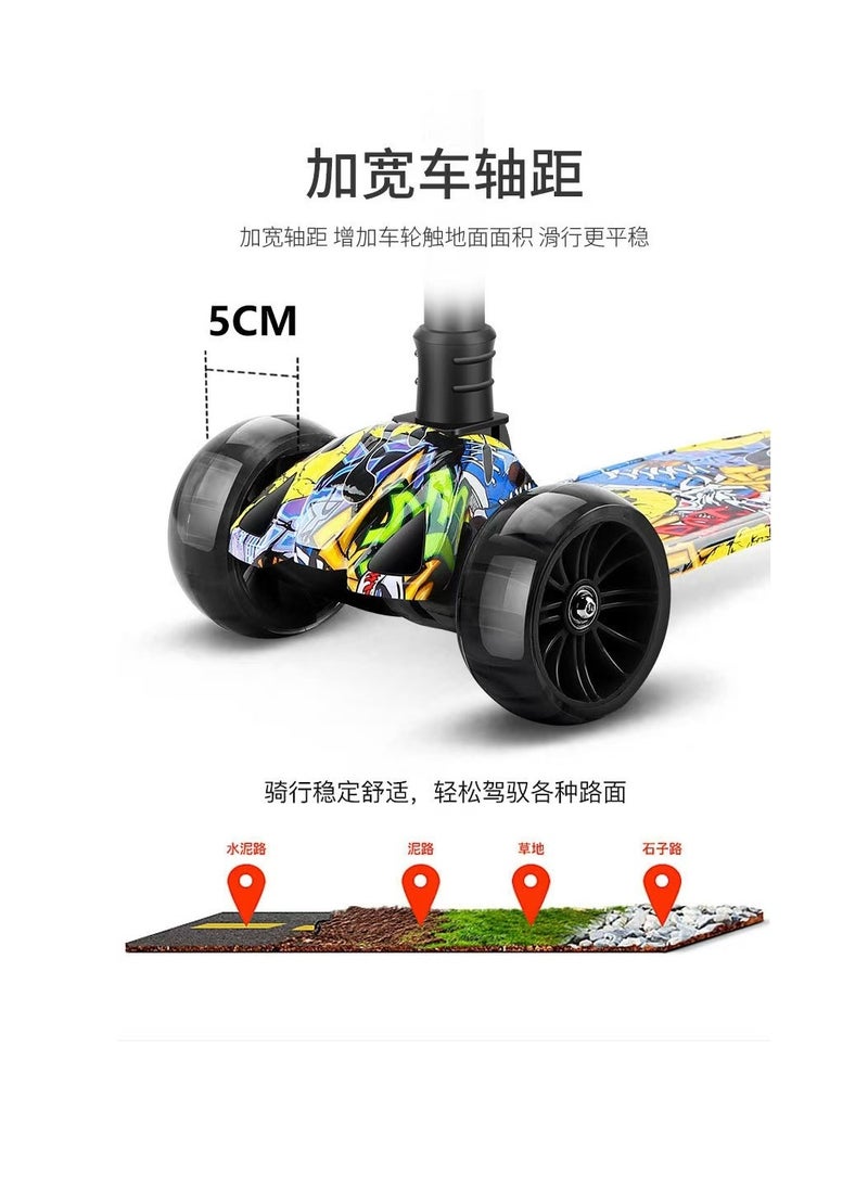 kids scooter three-wheeled scooter foldable and adjustable height graffiti pattern with LED light-up wheels with music, suitable for children aged 2-6