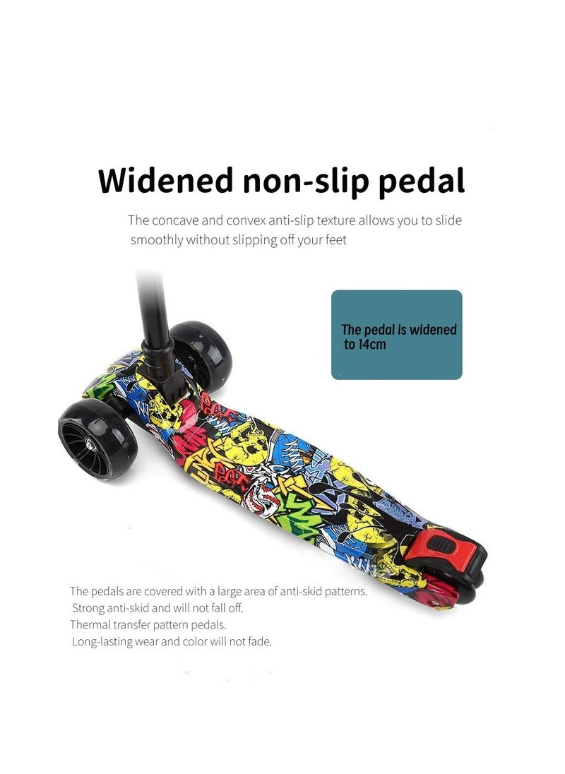 kids scooter three-wheeled scooter foldable and adjustable height graffiti pattern with LED light-up wheels with music, suitable for children aged 2-6