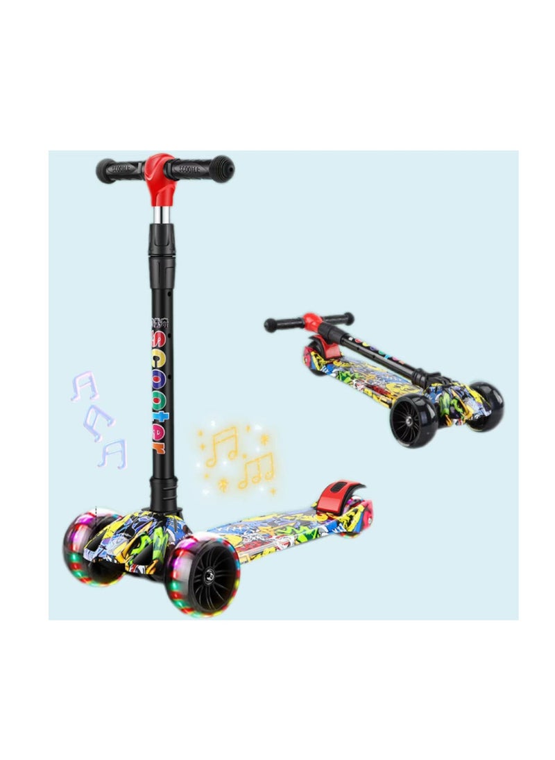 kids scooter three-wheeled scooter foldable and adjustable height graffiti pattern with LED light-up wheels with music, suitable for children aged 2-6