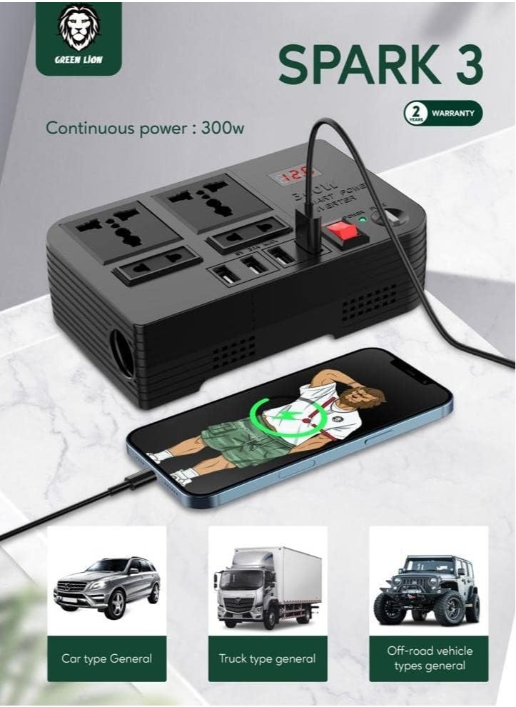 Spark 3 Car Power Inverter 300W: Extension Socket with USB 3.1A Ports and High Voltage Protection