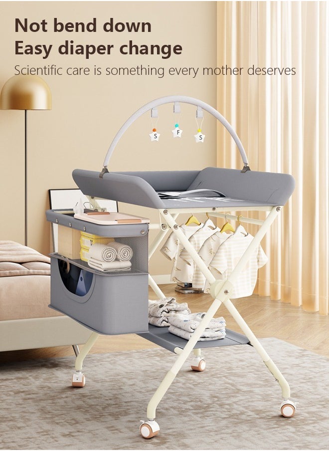 Portable Baby Changing Station with Adjustable Height - Foldable Diaper Table with Wheels,Waterproof Pad, Safety Belt & Large Storage Racks, Ideal for Newborn and Infants (Light Grey)