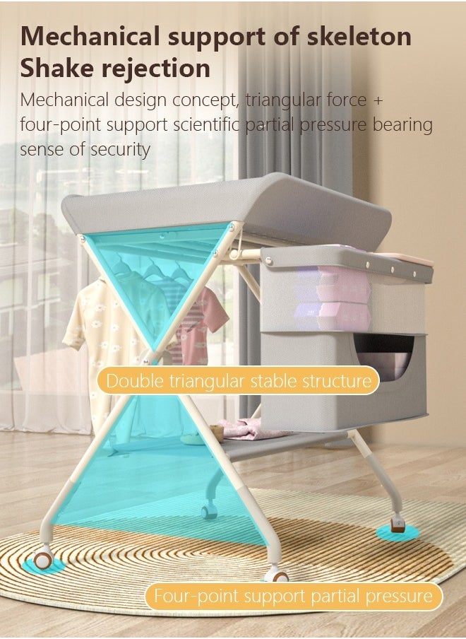 Portable Baby Changing Station with Adjustable Height - Foldable Diaper Table with Wheels,Waterproof Pad, Safety Belt & Large Storage Racks, Ideal for Newborn and Infants (Light Grey)