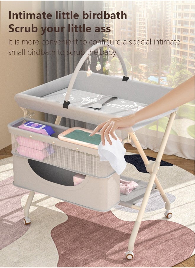 Portable Baby Changing Station with Adjustable Height - Foldable Diaper Table with Wheels,Waterproof Pad, Safety Belt & Large Storage Racks, Ideal for Newborn and Infants (Light Grey)