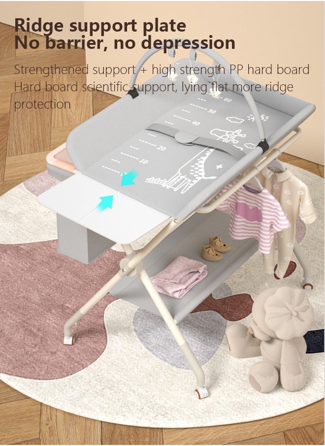 Portable Baby Changing Station with Adjustable Height - Foldable Diaper Table with Wheels,Waterproof Pad, Safety Belt & Large Storage Racks, Ideal for Newborn and Infants (Light Grey)