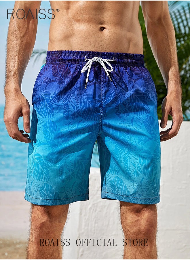 Ombre Tropical Print Drawstring Swim Trunks for Men Quick Dry Loose Fit Comfy and Breathable Bathing Shorts Mens Casual Elastic Sports Beach Shorts with Pockets and Mesh Lining