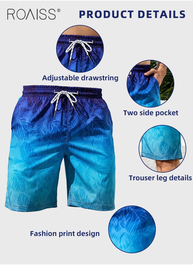 Ombre Tropical Print Drawstring Swim Trunks for Men Quick Dry Loose Fit Comfy and Breathable Bathing Shorts Mens Casual Elastic Sports Beach Shorts with Pockets and Mesh Lining