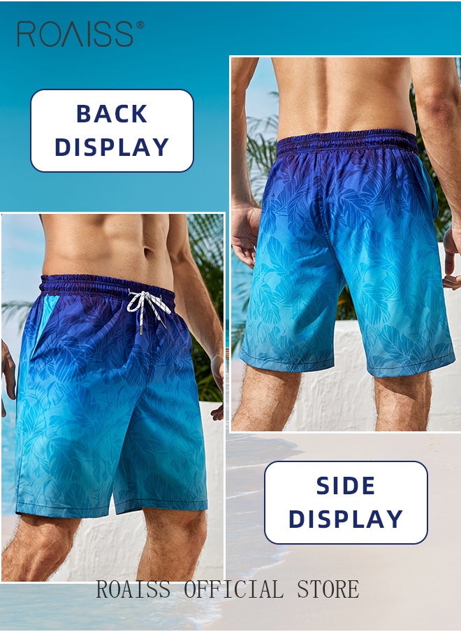 Ombre Tropical Print Drawstring Swim Trunks for Men Quick Dry Loose Fit Comfy and Breathable Bathing Shorts Mens Casual Elastic Sports Beach Shorts with Pockets and Mesh Lining