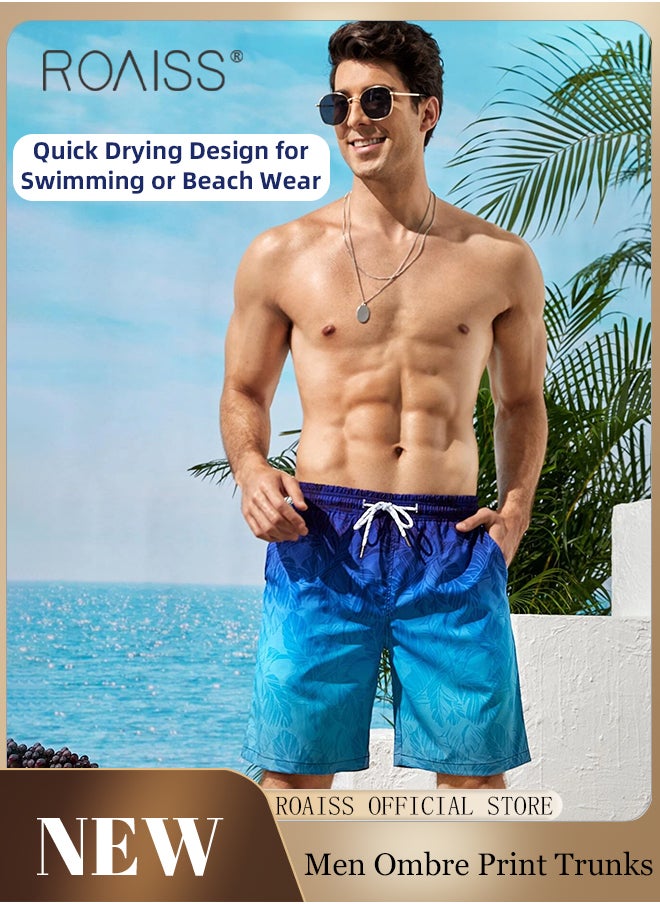 Ombre Tropical Print Drawstring Swim Trunks for Men Quick Dry Loose Fit Comfy and Breathable Bathing Shorts Mens Casual Elastic Sports Beach Shorts with Pockets and Mesh Lining