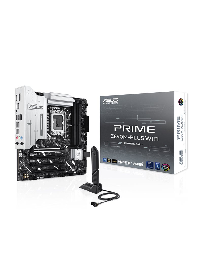 Prime Z890M-PLUS Wi-Fi mATX Motherboard, Intel Z890 Chipset, LGA1851 Socket, 4*DIMM DDR5 192GB Max Memory, 3*M.2, 1*PCIe 5.0*16, 1*2.5Gb Ethernet & Wi-Fi 7, Bluetooth v5.4, 1*HDMI, 1*DP, 1*USB 20Gbps port (USB Type-C), AI Solutions, AI PC-Ready | 90MB1J80-M0EAY0 Black