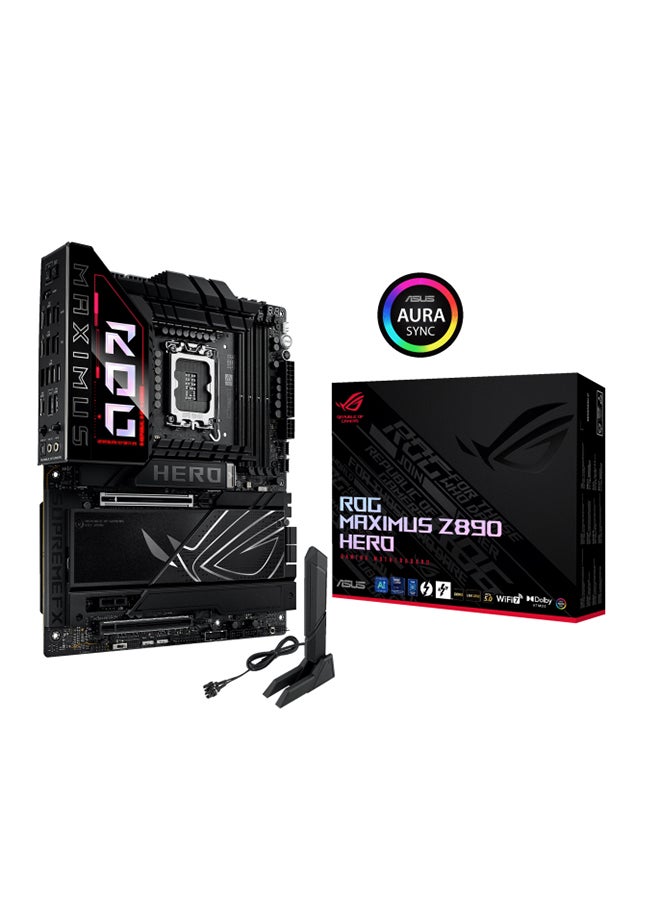 ROG MAXIMUS Z890 HERO Wi-Fi ATX Motherboard, Intel Z890 Chipset, LGA1851 Socket, 4*DIMM DDR5 192GB Max Memory, 6*M.2, 1*PCIe 5.0*16, 1*2.5Gb & 1*5Gb Ethernet & Wi-Fi 7, Bluetooth v5.4, 1*HDMI, 2*Intel Thunderbolt, AI Intelligence, EZ PC DIY, Polymo Lighting II | 90MB1ID0-M0EAY0 Black