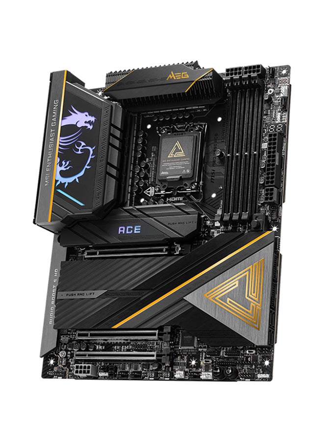 MEG Z890 ACE Wi-Fi ATX Motherboard, Intel Z890 Chipset, LGA1851 Socket, 4*DIMM DDR5 256GB Max Memory, 5*M.2, 1*PCIe 5.0*16, 1*Marvell AQC113CS 10Gbps Ethernet & Wi-Fi 7, Bluetooth v5.4, 1*HDMI, 2*Type-C Display Port, Audio Boost 5 HD, Frozr Guard, EZ DIY, Ready For AI PC | 911-7E22-001 Black