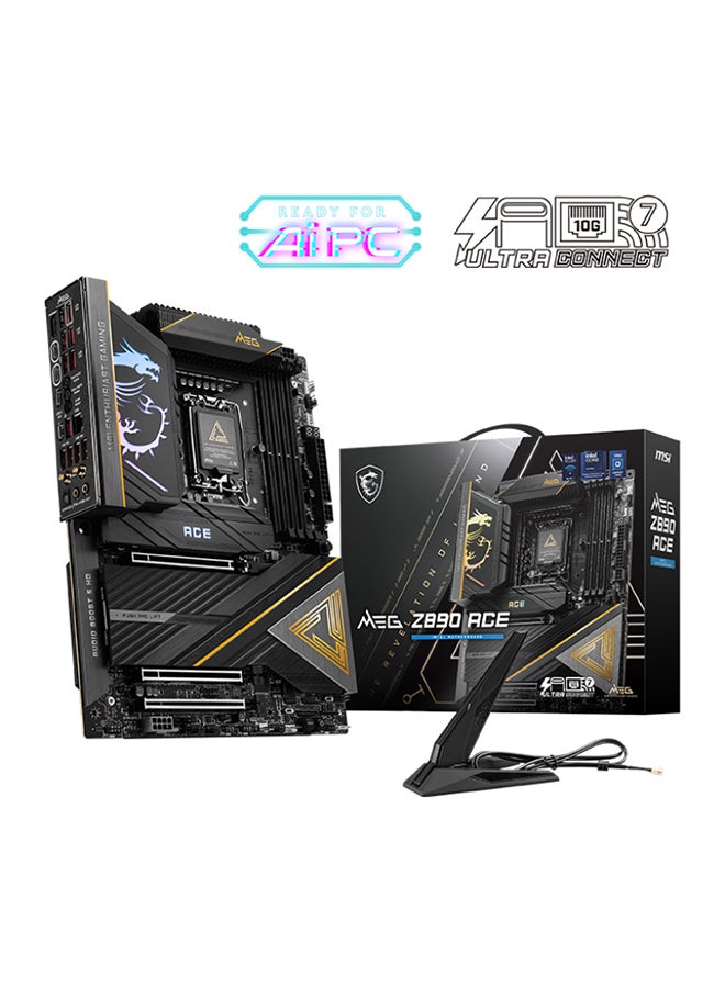 MEG Z890 ACE Wi-Fi ATX Motherboard, Intel Z890 Chipset, LGA1851 Socket, 4*DIMM DDR5 256GB Max Memory, 5*M.2, 1*PCIe 5.0*16, 1*Marvell AQC113CS 10Gbps Ethernet & Wi-Fi 7, Bluetooth v5.4, 1*HDMI, 2*Type-C Display Port, Audio Boost 5 HD, Frozr Guard, EZ DIY, Ready For AI PC | 911-7E22-001 Black