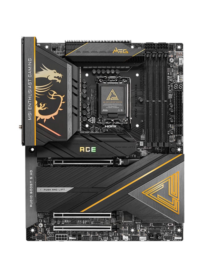 MEG Z890 ACE Wi-Fi ATX Motherboard, Intel Z890 Chipset, LGA1851 Socket, 4*DIMM DDR5 256GB Max Memory, 5*M.2, 1*PCIe 5.0*16, 1*Marvell AQC113CS 10Gbps Ethernet & Wi-Fi 7, Bluetooth v5.4, 1*HDMI, 2*Type-C Display Port, Audio Boost 5 HD, Frozr Guard, EZ DIY, Ready For AI PC | 911-7E22-001 Black