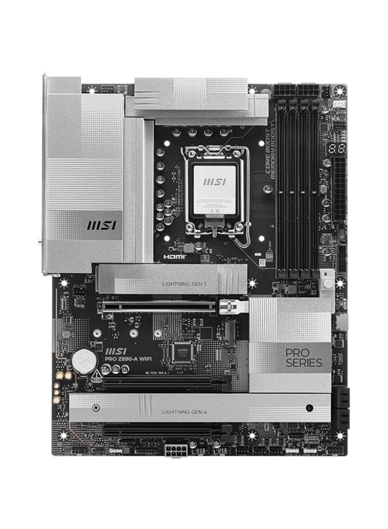 PRO Z890-A Wi-Fi ATX Motherboard, Intel Z890 Chipset, LGA1851 Socket, 4*DIMM DDR5 256GB Max Memory, 4*M.2, 1*PCIe 5.0*16, 1*5Gb Ethernet & Wi-Fi 7, Bluetooth v5.4, 1*HDMI, 2*Type-C Display Port, Audio Boost 4, Frozr Guard, EZ DIY, Ready For AI PC | 911-7E32-004 Black