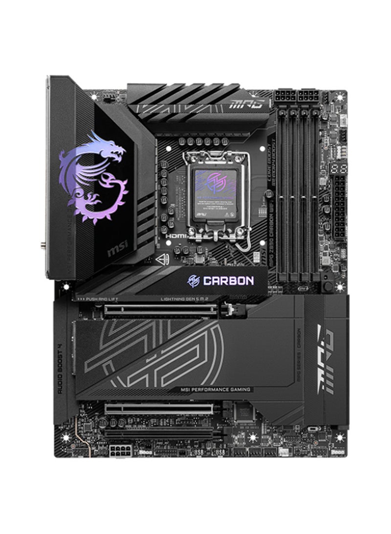 MPG Z890 CARBON Wi-Fi ATX Motherboard, Intel Z890 Chipset, LGA1851 Socket, 4*DIMM DDR5 256GB Max Memory, 5*M.2, 1*PCIe 5.0*16, 1*2.5Gb & 1*5Gb Ethernet, Wi-Fi 7, Bluetooth v5.4, 1*HDMI, 2*Type-C Display Port, Audio Boost 4, Frozr Guard, EZ DIY, Ready For AI PC | 911-7E17-001 Black