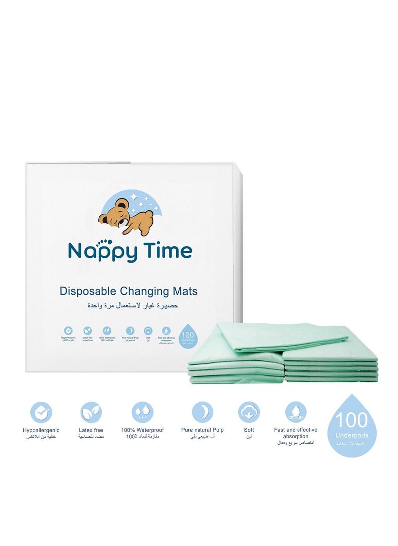 Nappy Time Disposable Changing Mats Value Pack x 100 pcs, Baby Diaper Mat, 100% Waterproof and Leakproof Mat - Green