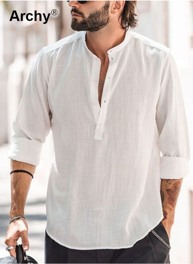 Men's Long Sleeve Linen Beach Casual Cotton Summer Lightweight Button-Up Shirts