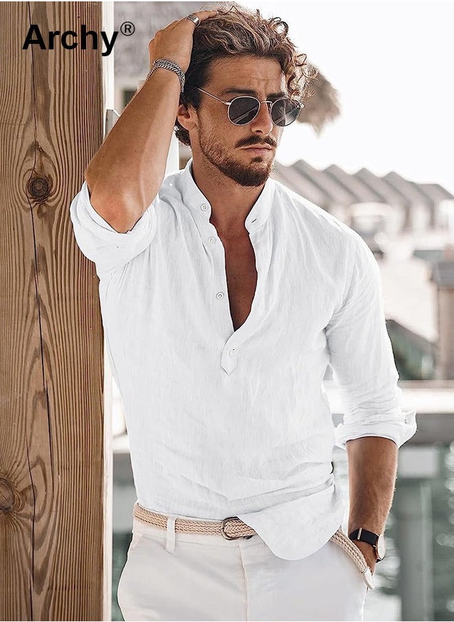 Men's Long Sleeve Linen Beach Casual Cotton Summer Lightweight Button-Up Shirts