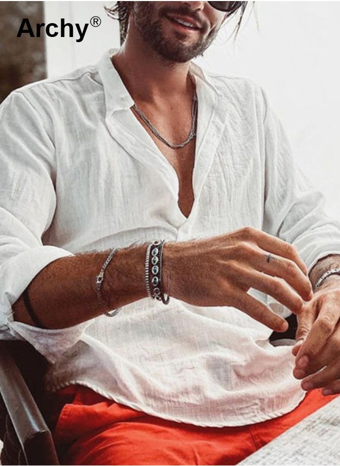Men's Long Sleeve Linen Beach Casual Cotton Summer Lightweight Button-Up Shirts