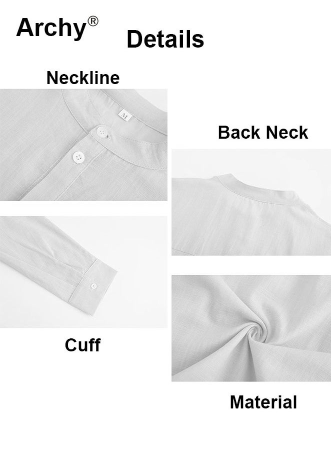 Men's Long Sleeve Linen Beach Casual Cotton Summer Lightweight Button-Up Shirts