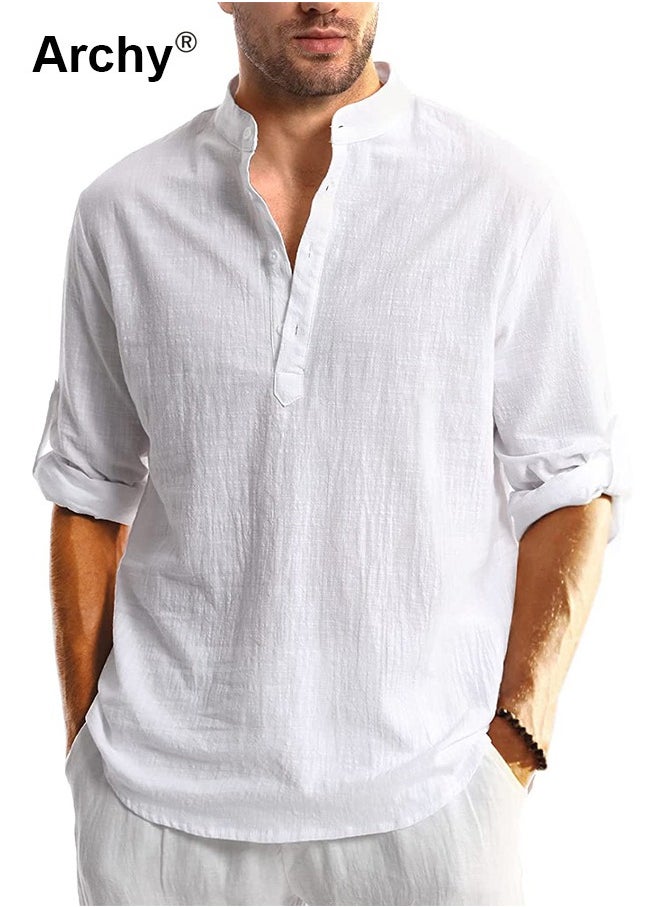 Men's Long Sleeve Linen Beach Casual Cotton Summer Lightweight Button-Up Shirts