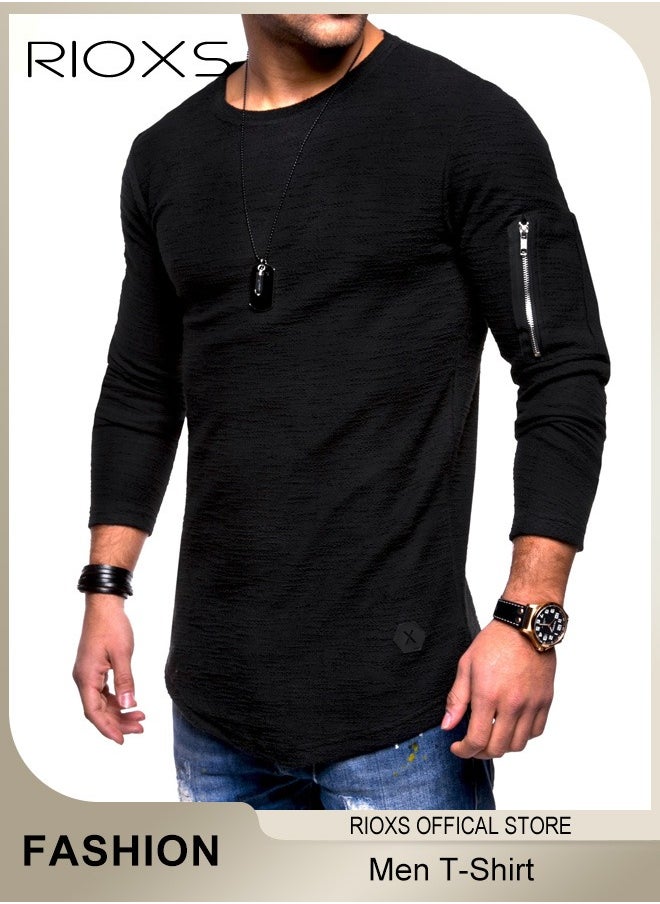 Mens Basic Shirts Cotton Crewneck Tops Casual T-Shirt Arm Zipper Tees Long Sleeve Slim Fit Undershirts HipsterTops For Workout Daily Wear