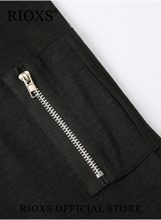 Mens Basic Shirts Cotton Crewneck Tops Casual T-Shirt Arm Zipper Tees Long Sleeve Slim Fit Undershirts HipsterTops For Workout Daily Wear