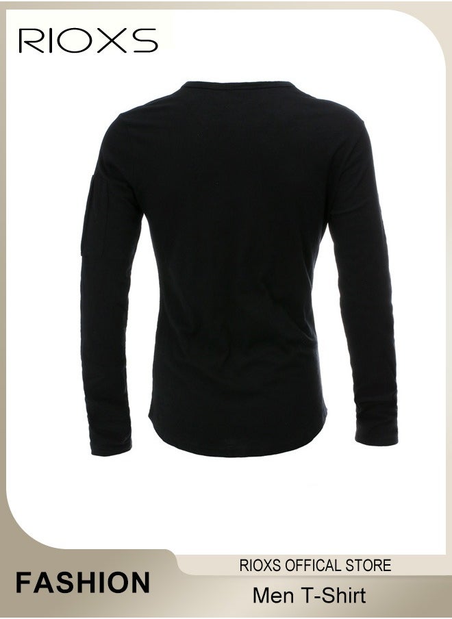 Mens Basic Shirts Cotton Crewneck Tops Casual T-Shirt Arm Zipper Tees Long Sleeve Slim Fit Undershirts HipsterTops For Workout Daily Wear