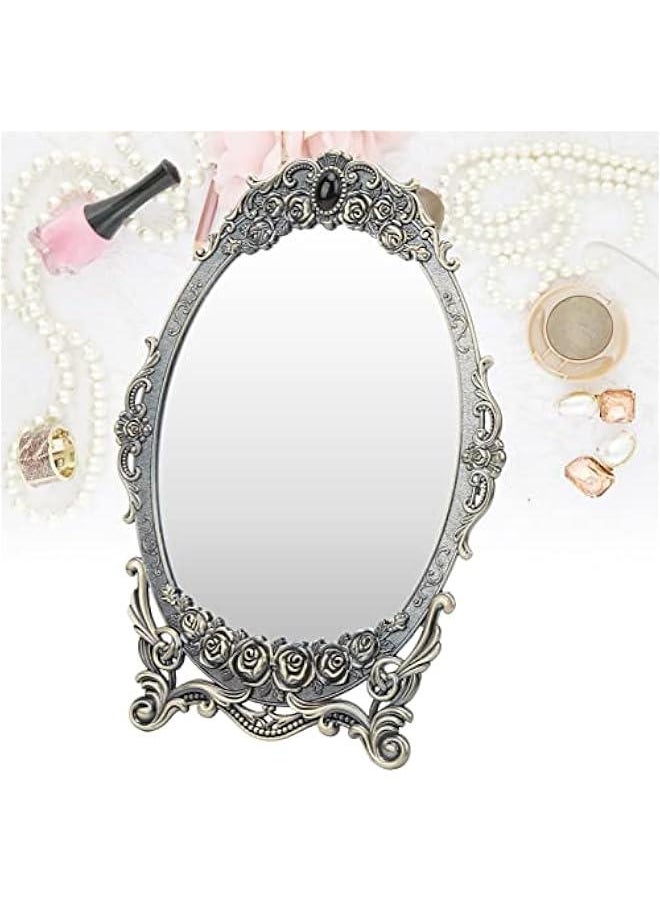 Metal Countertop Vanity Makeup Mirror Rose Embossed Antique Oval Mirror with Stand for Bedroom, Decorative Vintage Tabletop Mirror, Dressers, Living Room, Bathroom(Bronze Mirror)