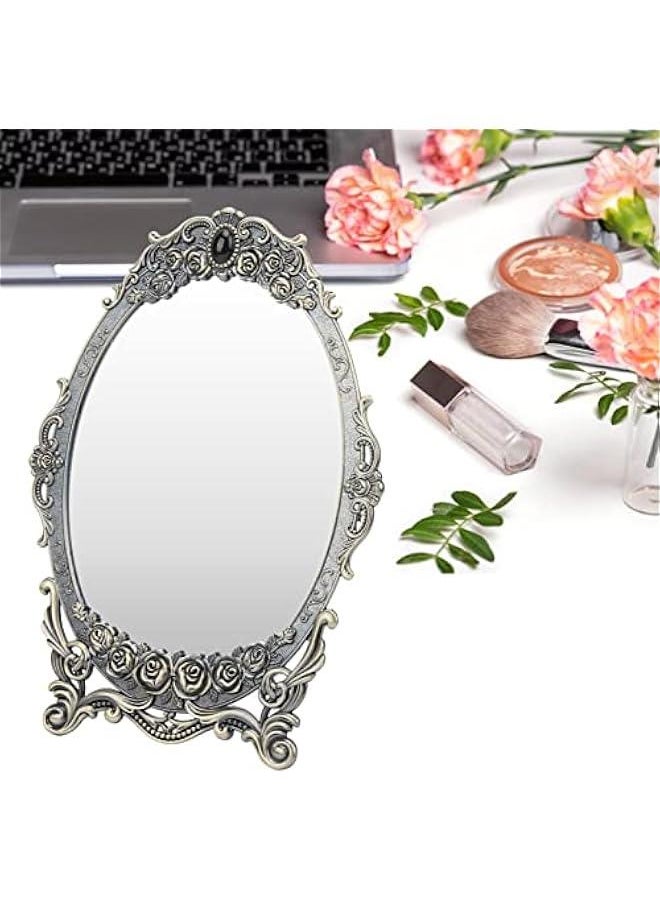 Metal Countertop Vanity Makeup Mirror Rose Embossed Antique Oval Mirror with Stand for Bedroom, Decorative Vintage Tabletop Mirror, Dressers, Living Room, Bathroom(Bronze Mirror)