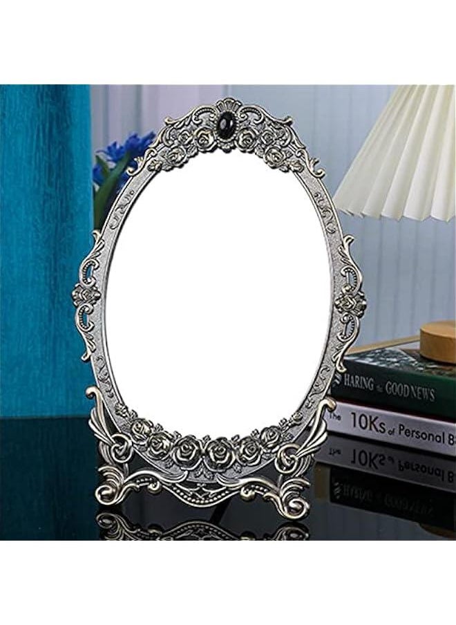 Metal Countertop Vanity Makeup Mirror Rose Embossed Antique Oval Mirror with Stand for Bedroom, Decorative Vintage Tabletop Mirror, Dressers, Living Room, Bathroom(Bronze Mirror)