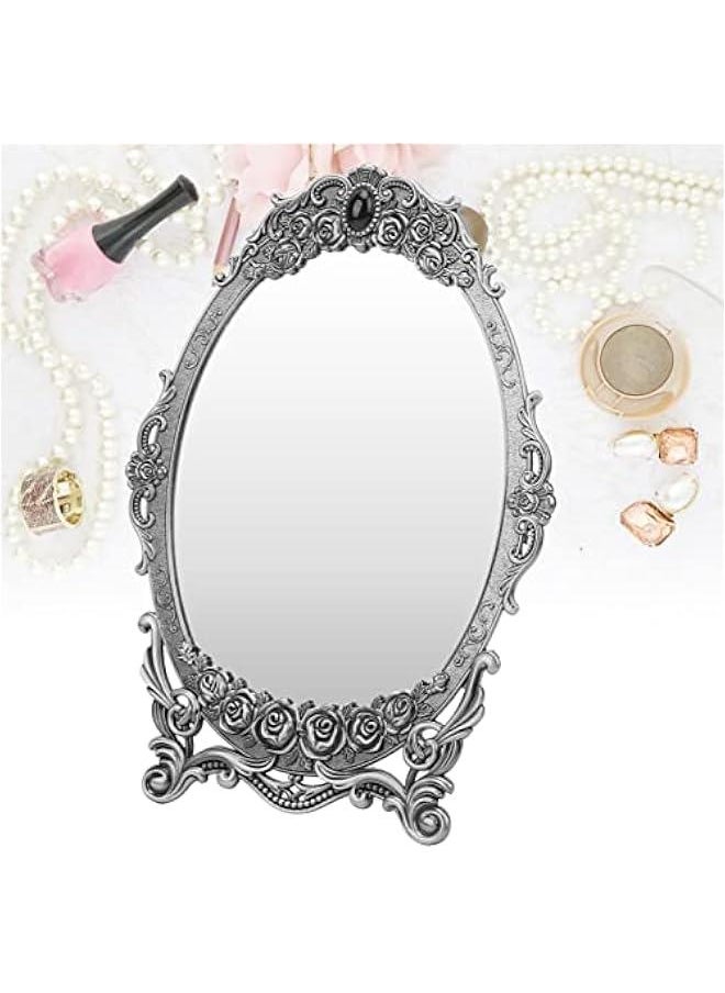 Metal Countertop Vanity Makeup Mirror Rose Embossed Antique Oval Mirror with Stand for Bedroom, Decorative Vintage Tabletop Mirror, Dressers, Living Room, Bathroom(Ancient tin Color Mirror)