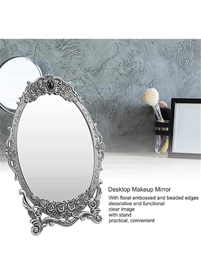 Metal Countertop Vanity Makeup Mirror Rose Embossed Antique Oval Mirror with Stand for Bedroom, Decorative Vintage Tabletop Mirror, Dressers, Living Room, Bathroom(Ancient tin Color Mirror)