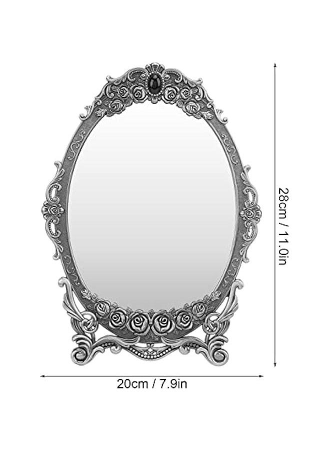 Metal Countertop Vanity Makeup Mirror Rose Embossed Antique Oval Mirror with Stand for Bedroom, Decorative Vintage Tabletop Mirror, Dressers, Living Room, Bathroom(Ancient tin Color Mirror)