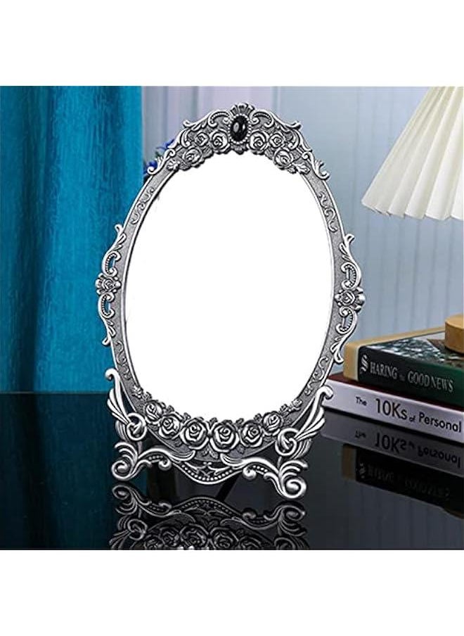 Metal Countertop Vanity Makeup Mirror Rose Embossed Antique Oval Mirror with Stand for Bedroom, Decorative Vintage Tabletop Mirror, Dressers, Living Room, Bathroom(Ancient tin Color Mirror)