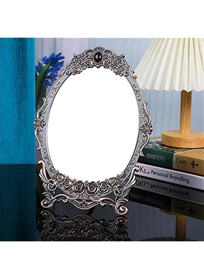 Metal Countertop Vanity Makeup Mirror Rose Embossed Antique Oval Mirror with Stand for Bedroom, Decorative Vintage Tabletop Mirror, Dressers, Living Room, Bathroom(Red Copper Mirror)