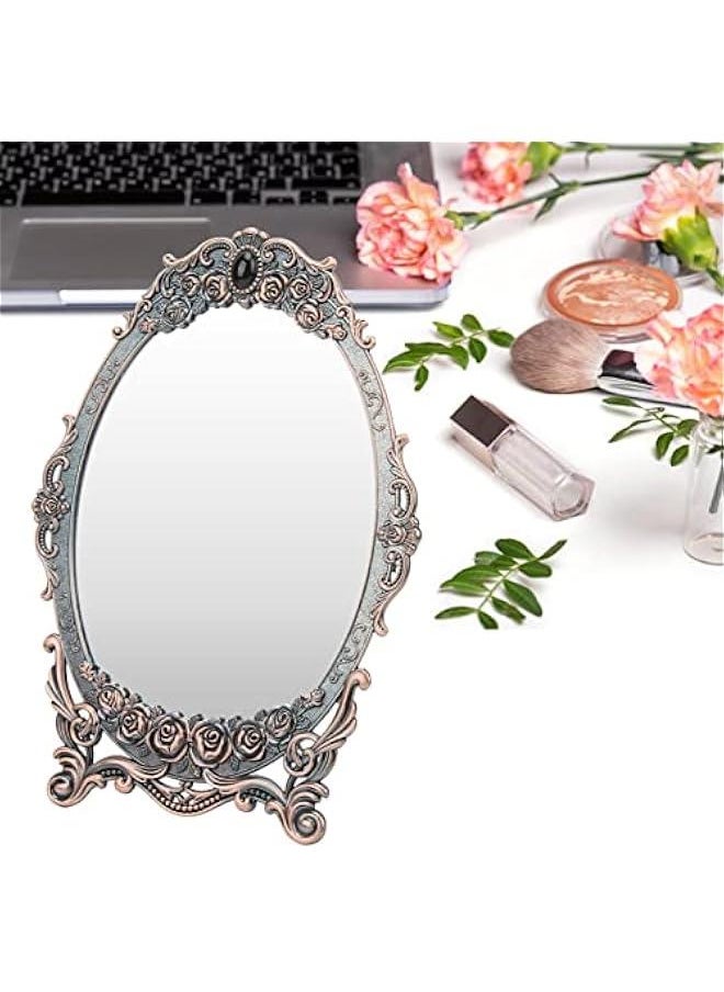 Metal Countertop Vanity Makeup Mirror Rose Embossed Antique Oval Mirror with Stand for Bedroom, Decorative Vintage Tabletop Mirror, Dressers, Living Room, Bathroom(Red Copper Mirror)