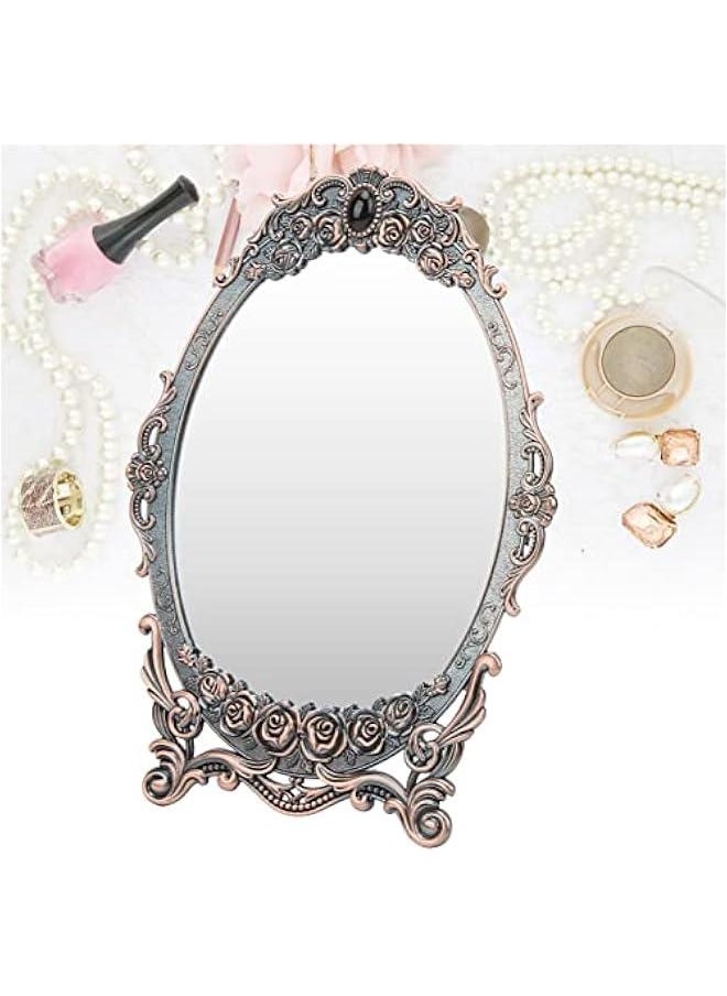 Metal Countertop Vanity Makeup Mirror Rose Embossed Antique Oval Mirror with Stand for Bedroom, Decorative Vintage Tabletop Mirror, Dressers, Living Room, Bathroom(Red Copper Mirror)