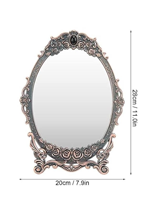 Metal Countertop Vanity Makeup Mirror Rose Embossed Antique Oval Mirror with Stand for Bedroom, Decorative Vintage Tabletop Mirror, Dressers, Living Room, Bathroom(Red Copper Mirror)