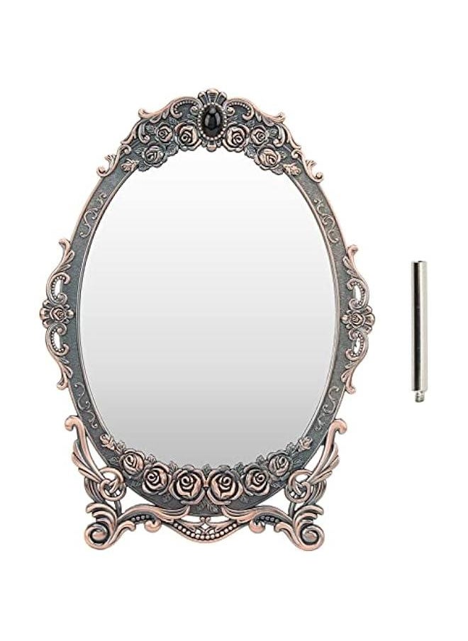 Metal Countertop Vanity Makeup Mirror Rose Embossed Antique Oval Mirror with Stand for Bedroom, Decorative Vintage Tabletop Mirror, Dressers, Living Room, Bathroom(Red Copper Mirror)