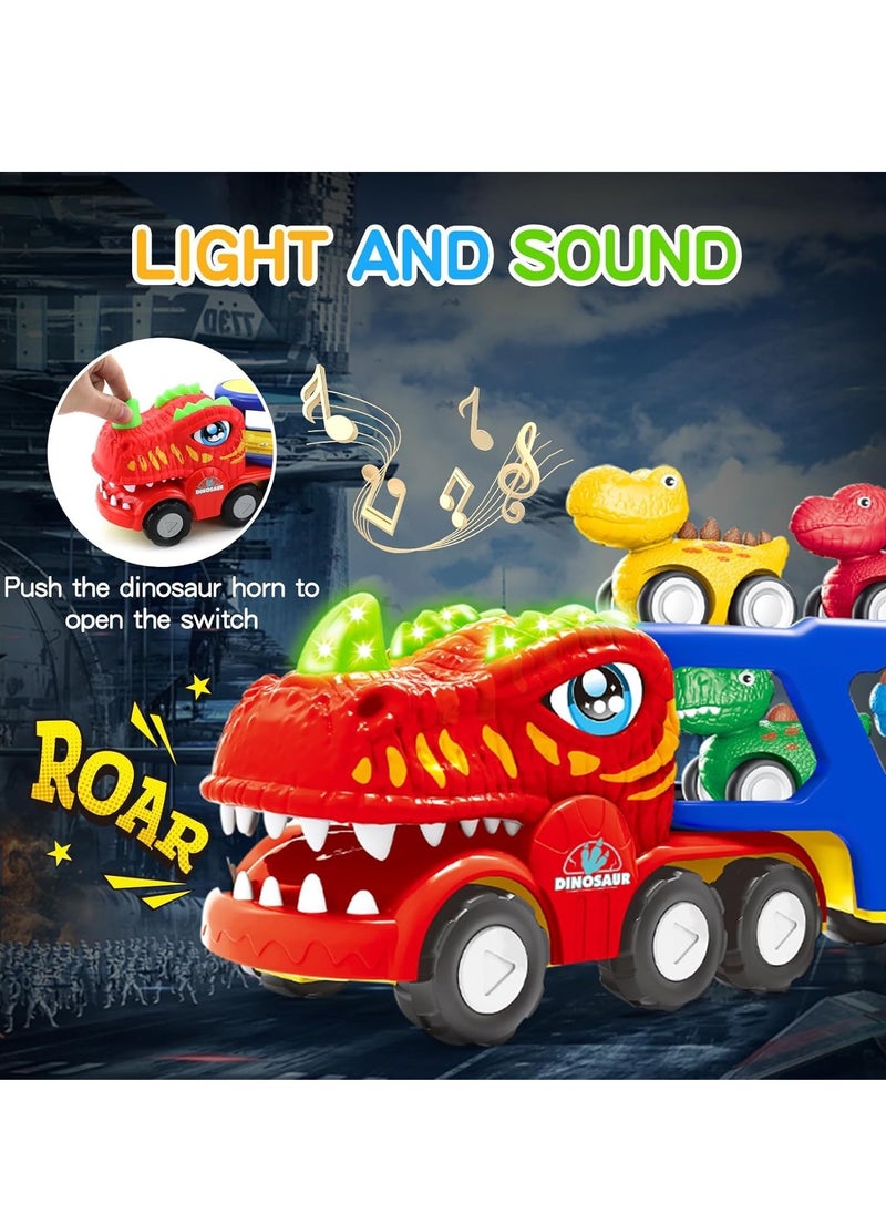 5-in-1 Dinosaur Vehicle Trucks Toys, Cartoon Trailer Car Toy with Sounds & Lights Toys, Transporter Toys Birthday Gift for Kids