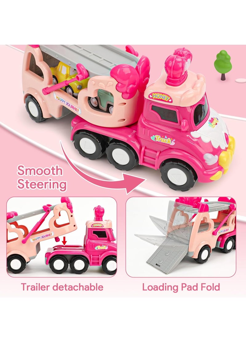 5-in-1 Princess Vehicle Trucks Toys, Cartoon Trailer Car Toy with Sounds & Lights Toys, Transporter Toys Birthday Gift for Kids