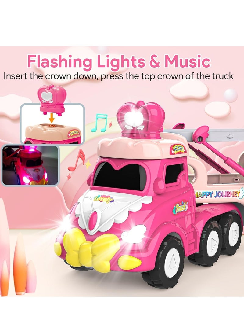 5-in-1 Princess Vehicle Trucks Toys, Cartoon Trailer Car Toy with Sounds & Lights Toys, Transporter Toys Birthday Gift for Kids