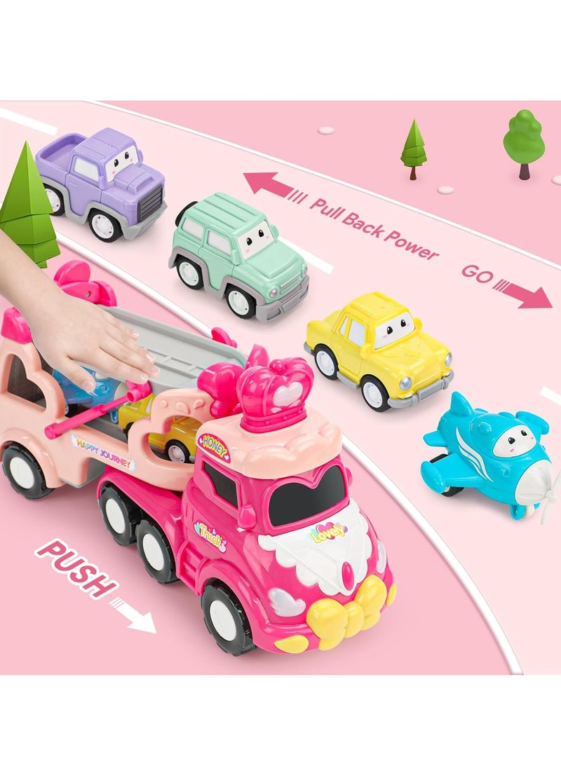 5-in-1 Princess Vehicle Trucks Toys, Cartoon Trailer Car Toy with Sounds & Lights Toys, Transporter Toys Birthday Gift for Kids